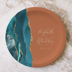 Agate Geode Teal Gold Burnt Orange Wedding Paper Plate