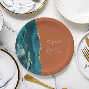 Agate Geode Teal Gold Burnt Orange Wedding Paper Plate