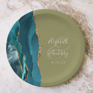Agate Geode Teal Gold Olive Green Wedding Paper Plate