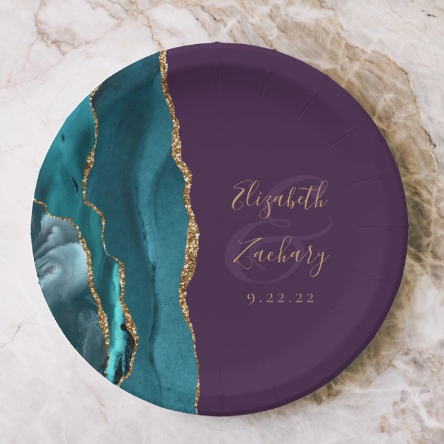 Agate Geode Teal Gold Purple Wedding Paper Plate (Creator Uploaded)