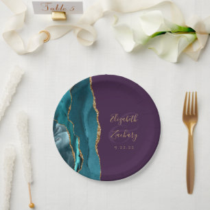 Agate Geode Teal Gold Purple Wedding Paper Plate