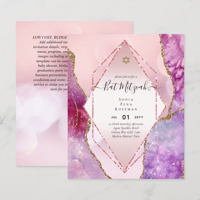 AGATE GLITTER BAT MITZVAH Invitations BUDGET (Front/Back)