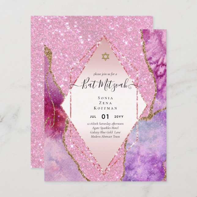 AGATE GLITTER BAT MITZVAH Invitations BUDGET (Front/Back)