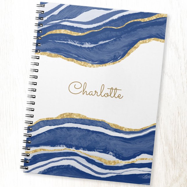 Agate Gold Glitter Watercolor Personalised Blue Notebook (Blue and white gold glitter personalized name notebook)