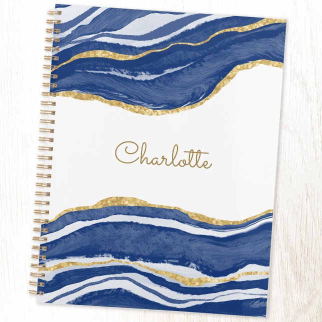 Agate Gold Glitter Watercolor Personalised Blue Planner (Blue agate marble personalized custom name planner with hard or soft cover)