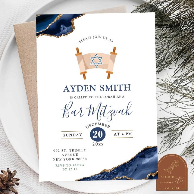 Agate Gold Navy Blue Bar Mitzvah Invitation (Creator Uploaded)