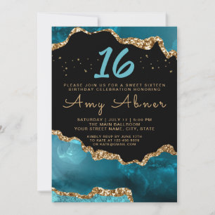 Agate Gold Teal Sweet 16 Birthday Invitation
