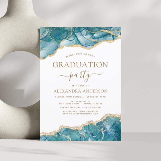 Agate Graduation 2023 Teal Gold Blue Turquoise Invitation (Creator Uploaded)