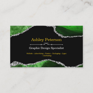 Agate Green and Silver Faux Glitter Business Card