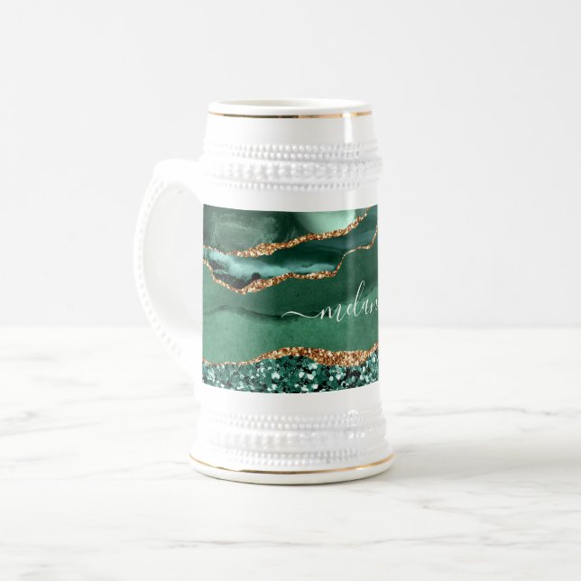 Agate Green Gold Emerald Custom Name Beer Stein (Front Left)