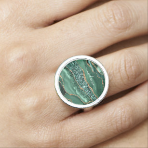 Agate Green Gold Emerald Custom Name Ring Gift