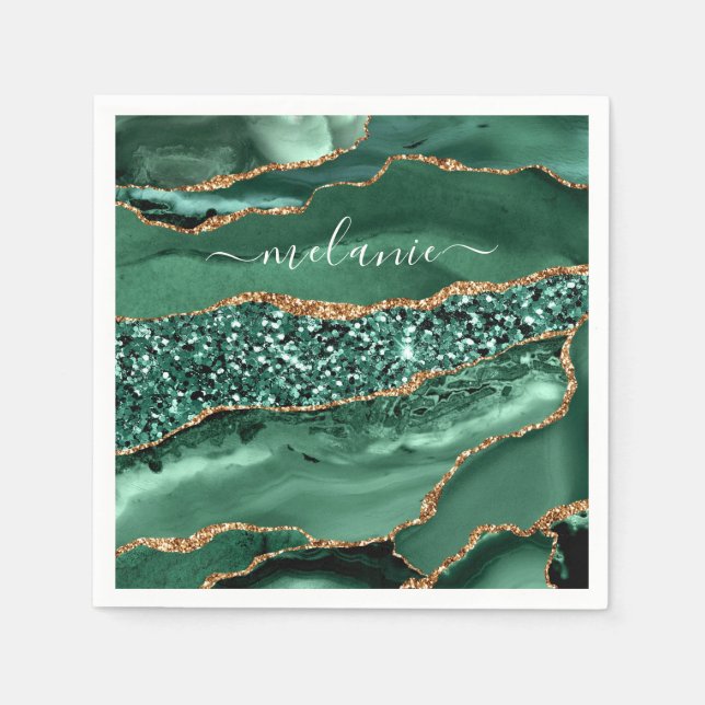 Agate Green Gold Glitter Custom Name Napkins (Front)