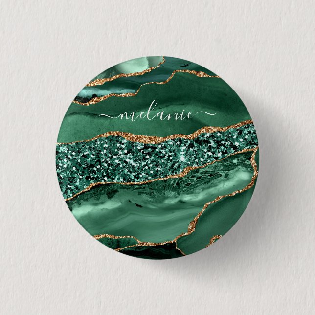 Agate Green Gold Glitter Geode Marble Custom Name 3 Cm Round Badge (Front)