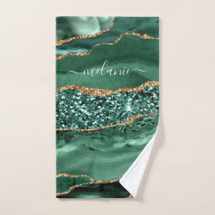 Agate Green Gold Glitter Geode Marble Custom Name Bath Towel Set