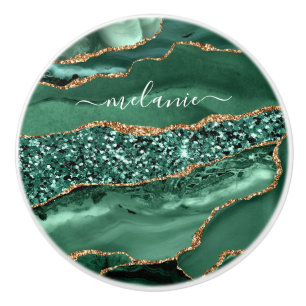 Agate Green Gold Glitter Geode Marble Custom Name  Ceramic Knob