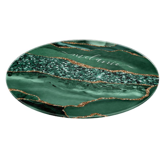 Agate Green Gold Glitter Geode Marble Custom Name Cutting Board (Corner)