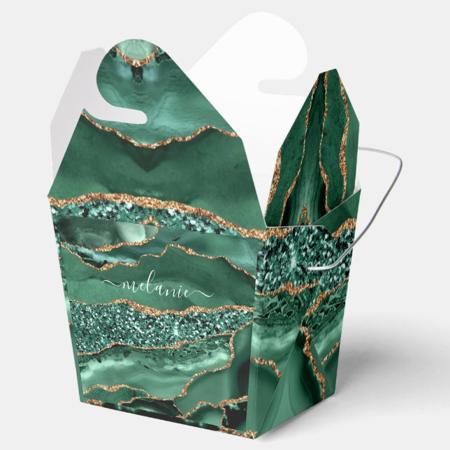 Agate Green Gold Glitter Geode Marble Custom Name Favour Box (Opened)