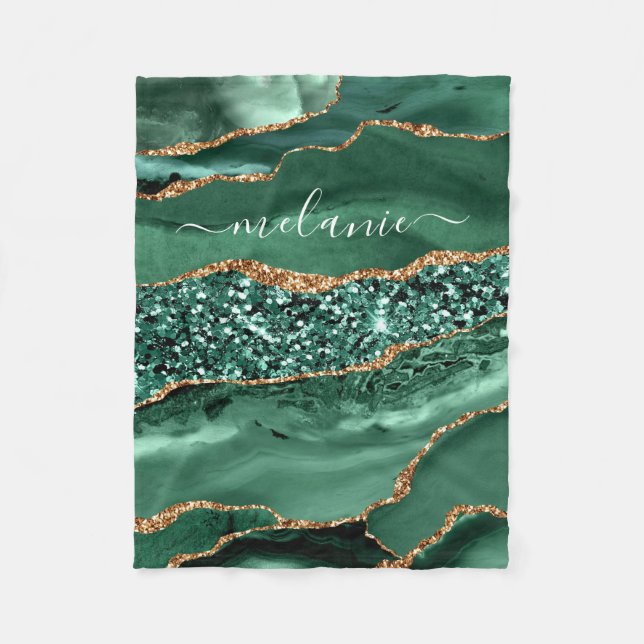 Agate Green Gold Glitter Geode Marble Custom Name Fleece Blanket (Front)