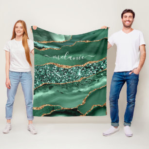 Agate Green Gold Glitter Geode Marble Custom Name Fleece Blanket