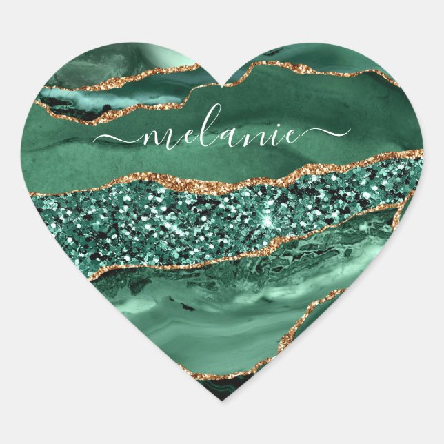 Agate Green Gold Glitter Geode Marble Custom Name Heart Sticker (Front)