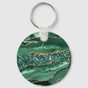 Agate Green Gold Glitter Geode Marble Custom Name Key Ring