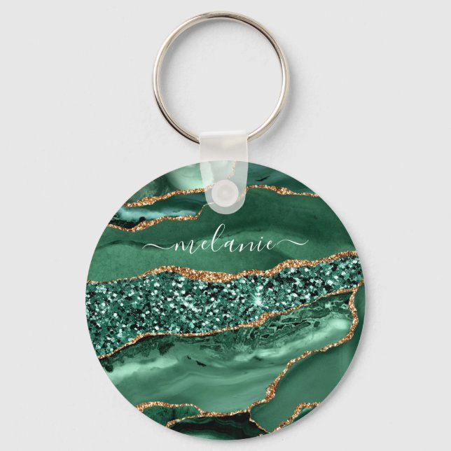 Agate Green Gold Glitter Geode Marble Custom Name Key Ring (Front)