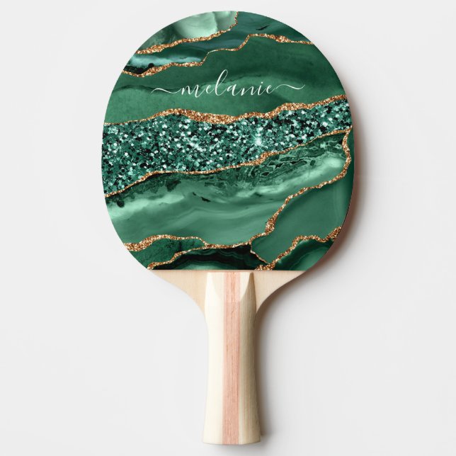 Agate Green Gold Glitter Geode Marble Custom Name Ping Pong Paddle (Front)