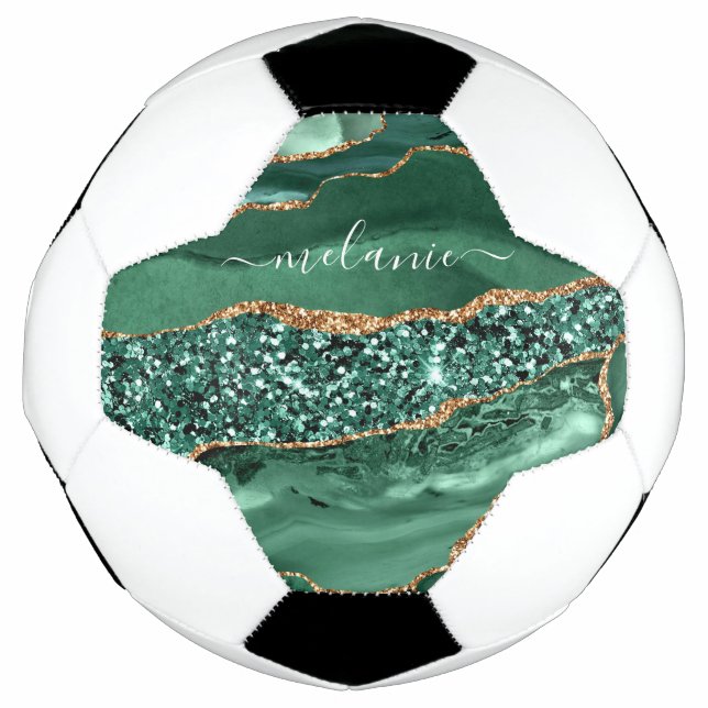 Agate Green Gold Glitter Geode Marble Custom Name Soccer Ball (Front)