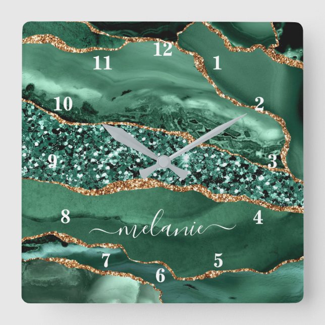 Agate Green Gold Glitter Geode Marble Custom Name Square Wall Clock (Front)