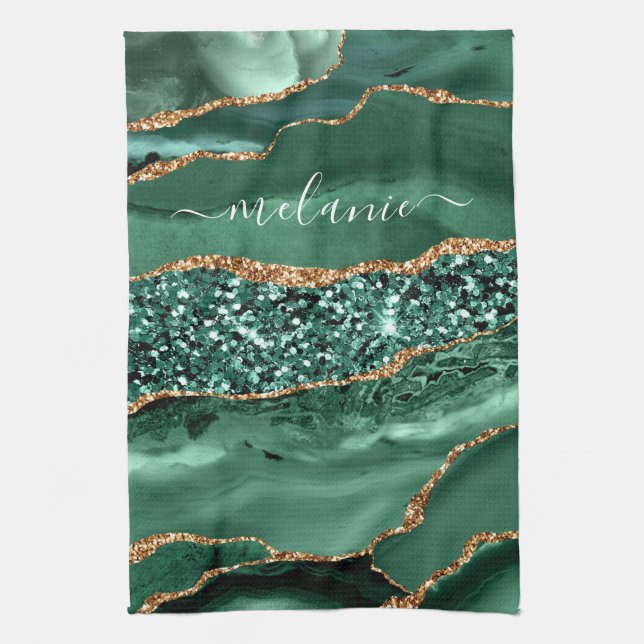 Agate Green Gold Glitter Geode Marble Custom Name Tea Towel (Vertical)