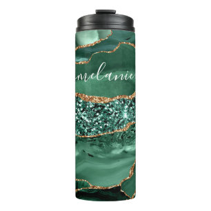  Agate Green Gold Glitter Geode Marble Custom Name Thermal Tumbler