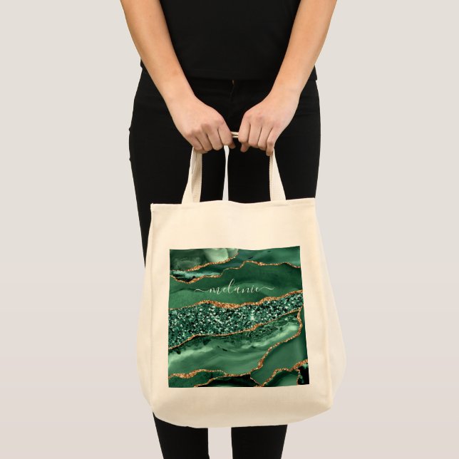 Agate Green Gold Glitter Geode Marble Custom Name Tote Bag (Front (Product))