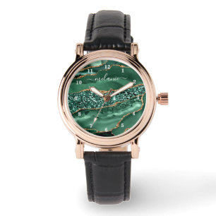 Agate Green Gold Glitter Geode Marble Custom Name Watch