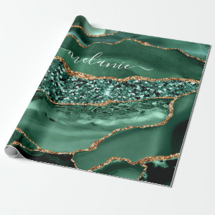 Agate Green Gold Glitter Geode Marble Custom Name Wrapping Paper