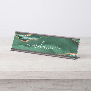 Agate Green Gold Glitter Geode Marble Gemstone Desk Name Plate