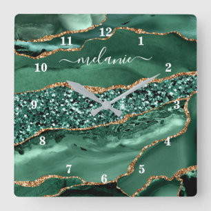 Agate Green Gold Glitter Geode Marble Name Clock