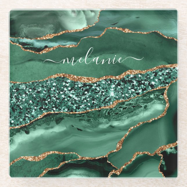 Agate Green Gold Glitter Geode Marble Name Coaster (Front)
