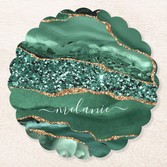 Agate Green Gold Glitter Geode Marble Your Name Paper Coaster (Front)