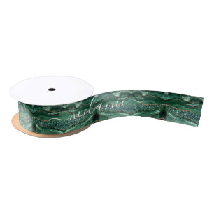 Agate Green Gold Glitter Geode Marble Your Name Satin Ribbon