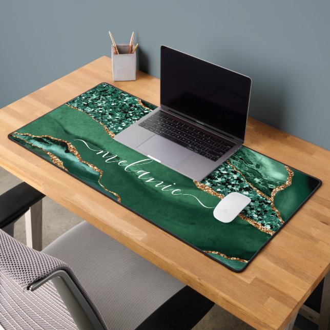 Agate Green Gold Glitter Marble Custom Name Desk Mat (Office 2)