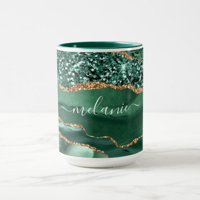 Agate Green Gold Glitter Marble Custom Name Mug (Center)