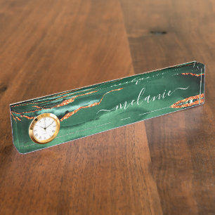 Agate Green Gold Glitter Marble Desk Name Plate