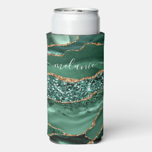 Agate Green Gold Glitter Marble Name Can Cooler