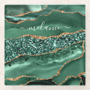 Agate Green Gold Glitter  Marble Name Coaster