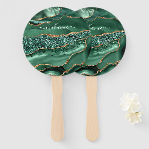 Agate Green Gold Glitter Marble Your Name Hand Fan