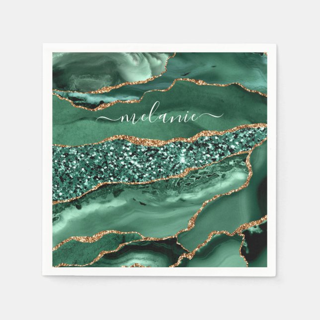 Agate Green Gold Glitter Marble Your Name Napkins (Front)