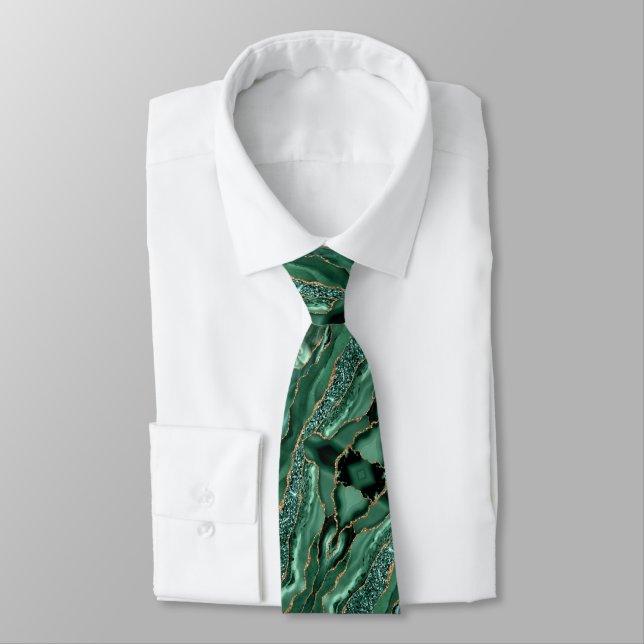 Agate Green Gold Marble Glitter Emerald Neck Tie (Tied)