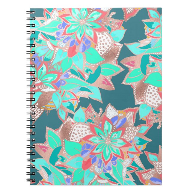 Agate green living coral teal rose gold floral notebook (Front)