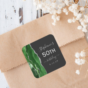 Agate Green Silver Dark 50th Birthday Square Sticker