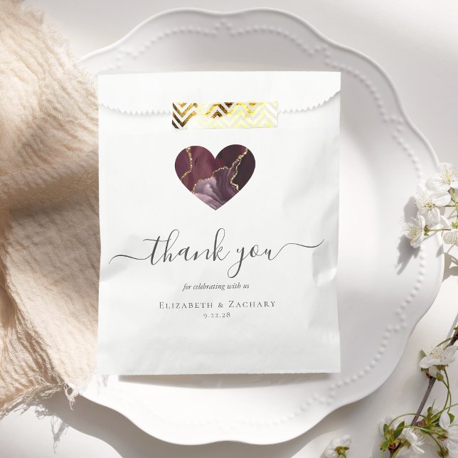 Agate Heart Script Thank You Burgundy Gold Wedding Favour Bags (Creator Uploaded)